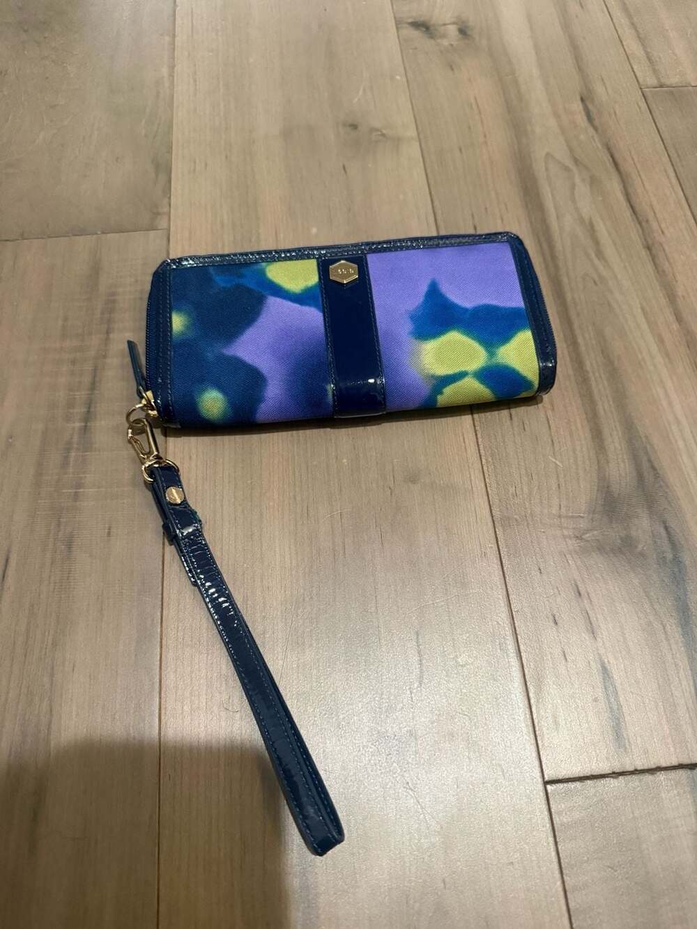 Lodis Blue Purple Canvas Leather Trim Zip Around Wristlet Wallet
